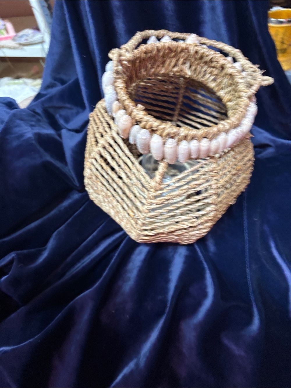 Handwoven Natural Seagrass Candle Holder with Shell Accent - Natural